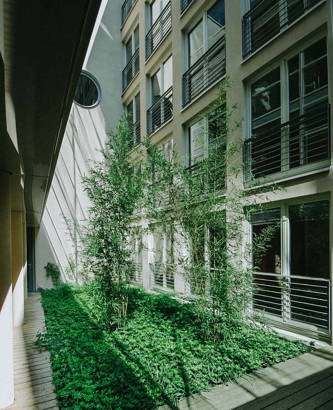 Innenhof mit Holzdielen einer Seniorenresidenz mit grüner Bepflanzung und Sträuchern