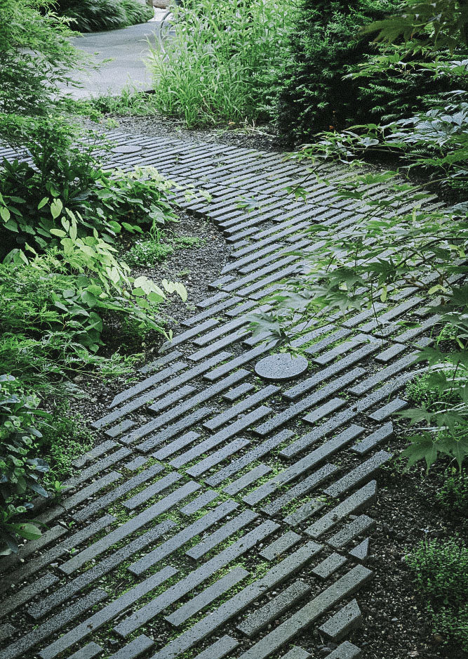 Mehrere graue Pflastersteine in Stäbchen-Form bilden einen geschwungenen Gartenweg durch den Familiengarten in Koblenz. Umher befindet sich grüne Bepflanzung aus Stauden und Gehölzen.