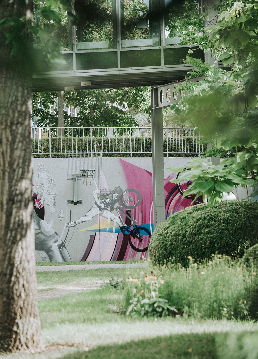 Ein grüner Firmengarten der Telekom AG mit Rasenfläche, Pflanzen und Gehölzen. Der Blick geht auf eine mit Graffiti bemalte Wand, an der ein Basketballkorb hängt.