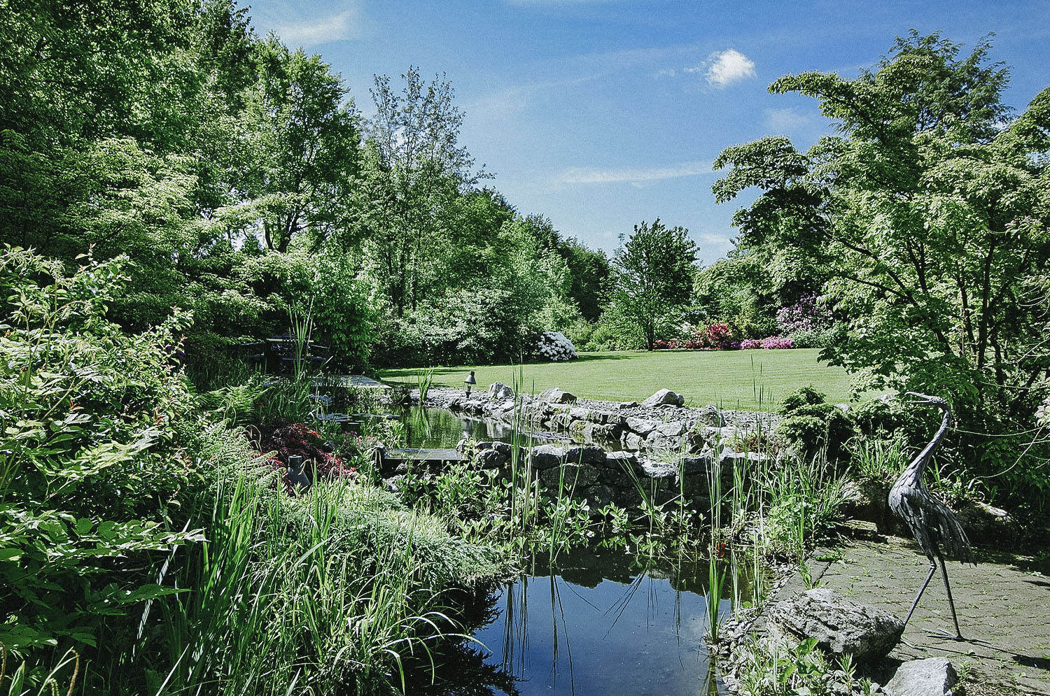 Privatgarten mit einer Teichanlage aus Natursteinen, Bepflanzung und großzügigem Garten im Hintergrund